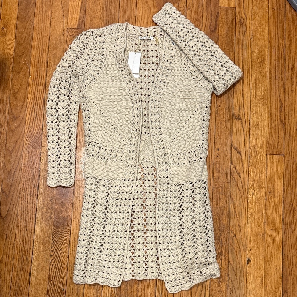NWT Minnie Rose tan 100% cotton crochet open long cardigan fall XS